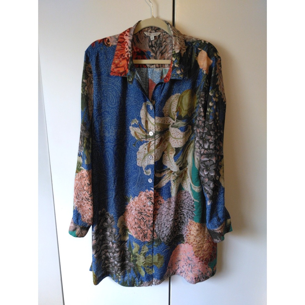 John Mark Artsy Boho Tunic Shirt Womens Size XL Floral Print  Point Collar
